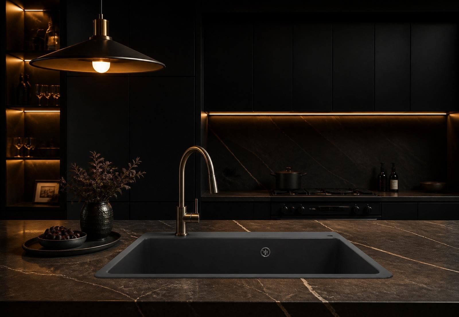 Savion quartz sink installed in a dark luxury kitchen