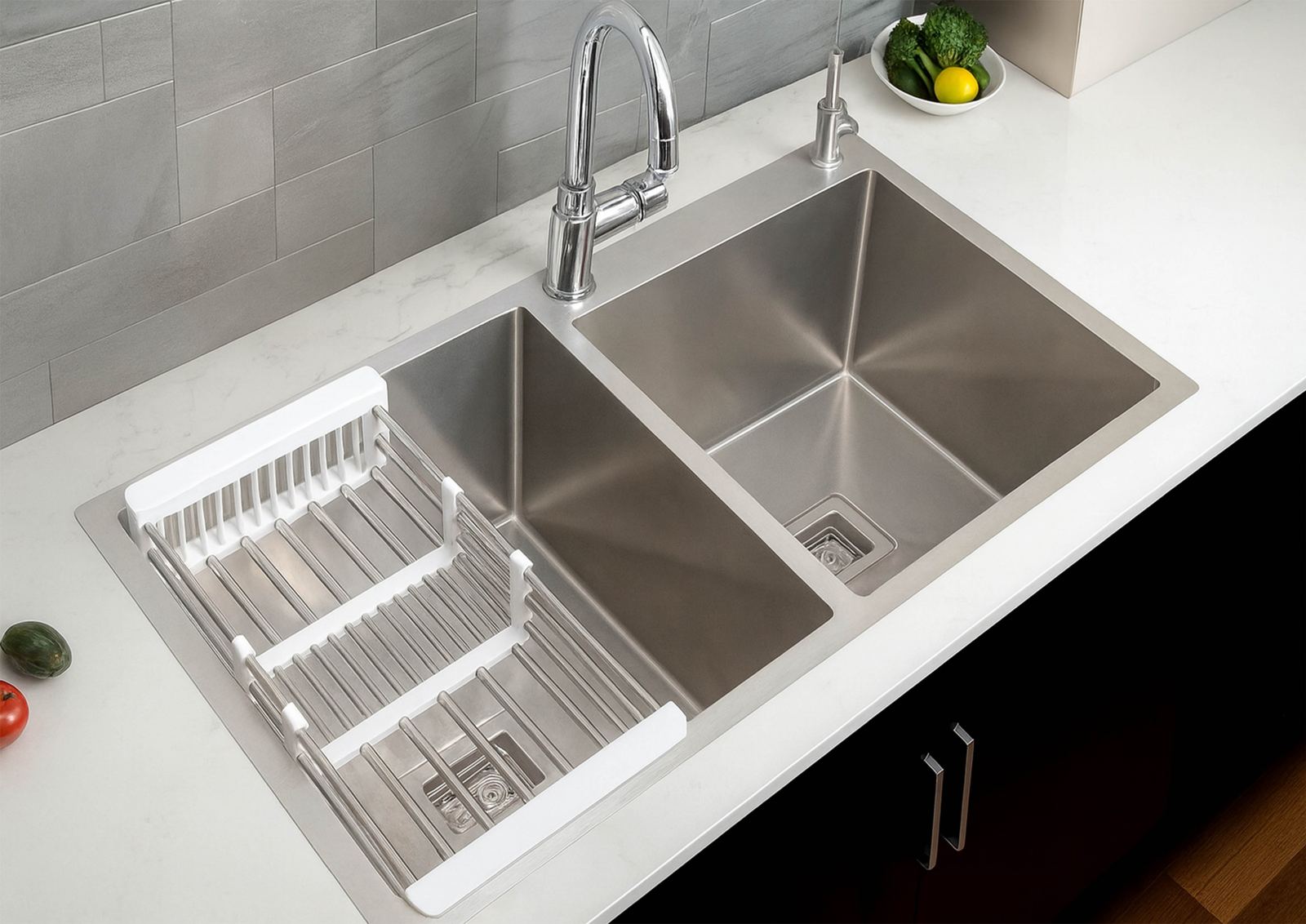 Savion stainless double-basin sink installed