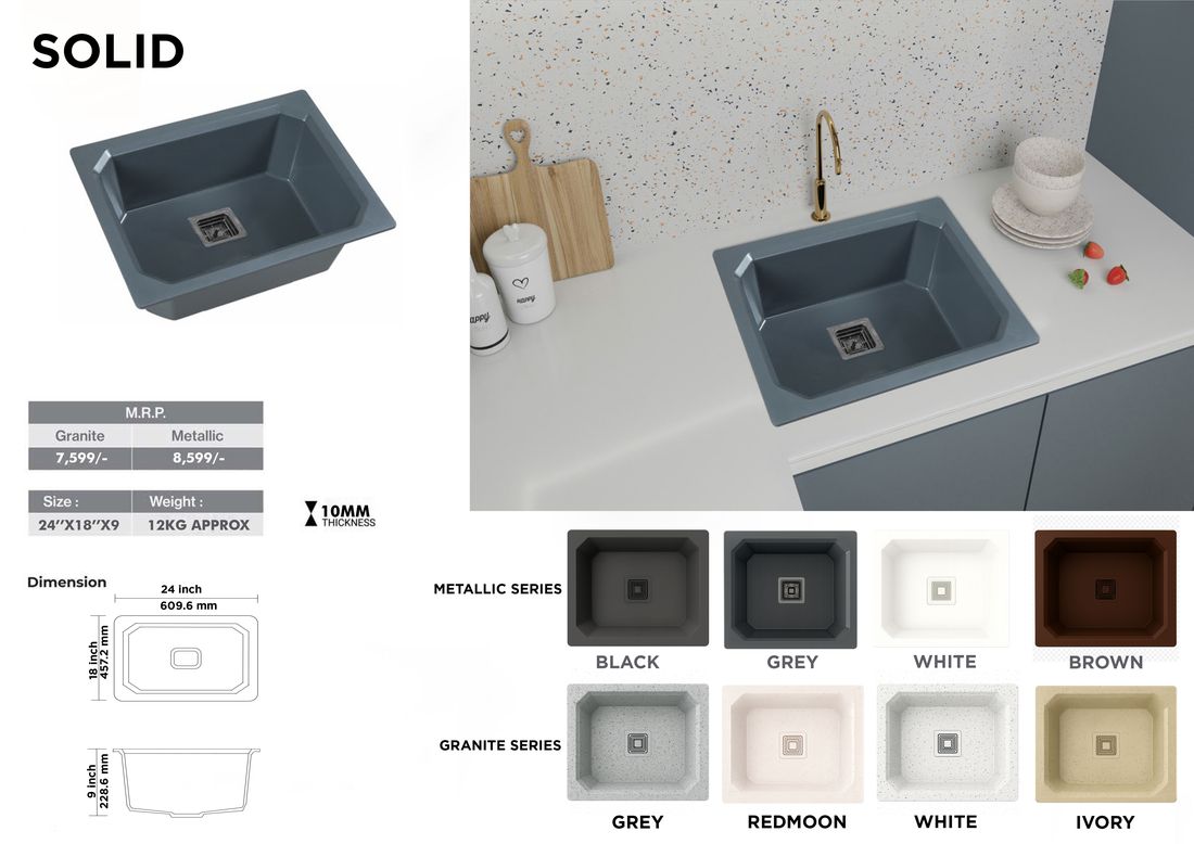 Solid quartz kitchen sink